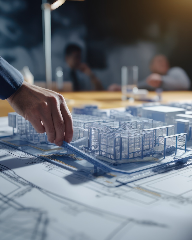 Architects working on blueprint at construction site, close up view